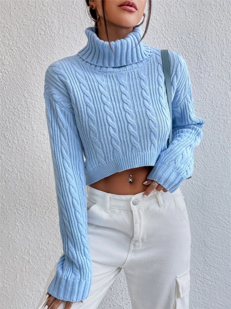 Cropped Cable Knit Sweater – Oversized High-Neck Pullover For Women (Blue/Pink/Gray, S-L)_voghion.com