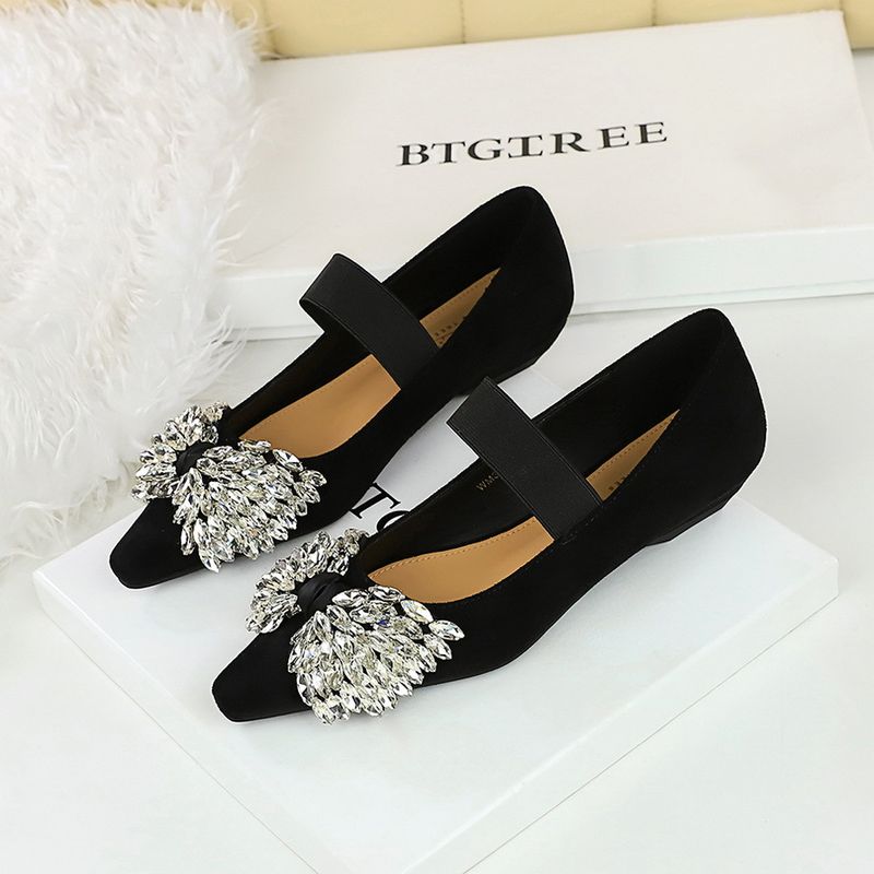 Light Luxury Elastic Band One-pedal Low-heeled Women's Single Shoes Dazzling Rhinestone Bow Wedge-heeled Women's Shoes_voghion.com
