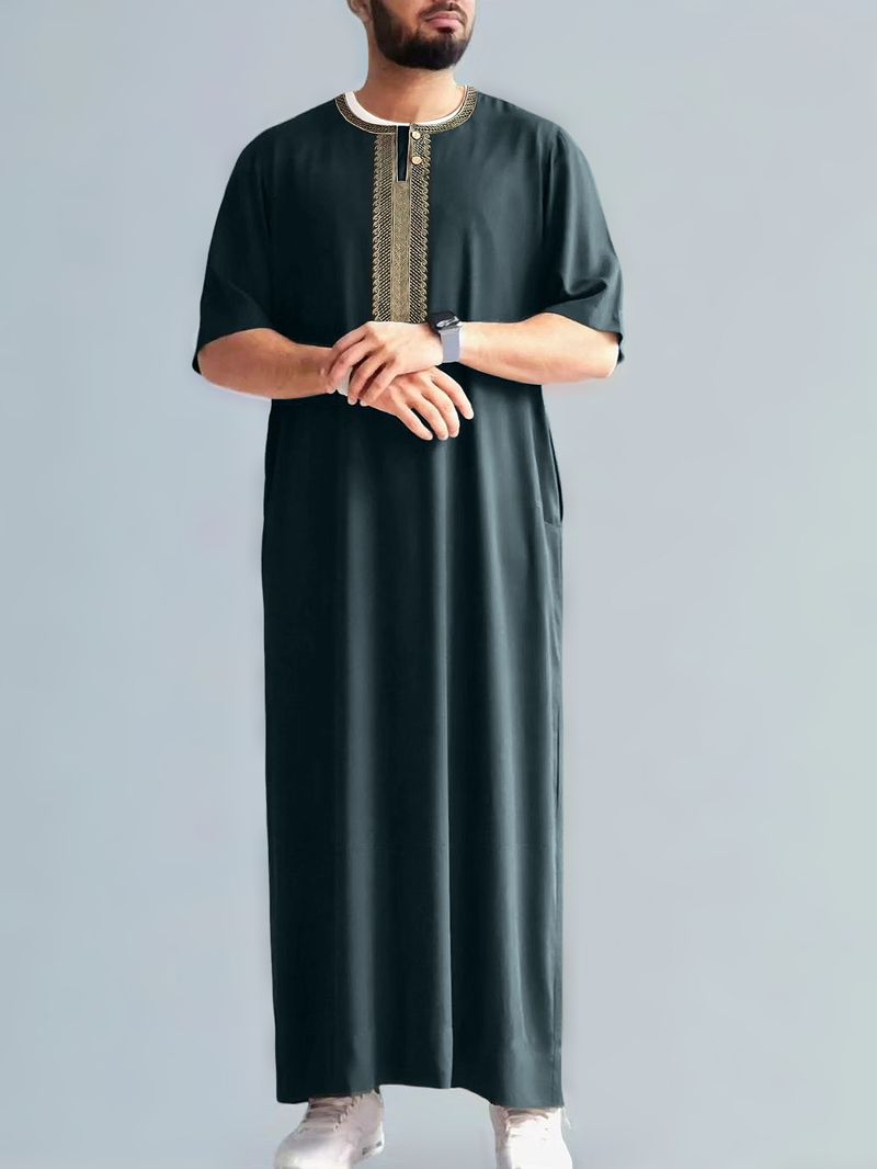 Ropa para hombre, nueva túnica musulmana retro de Oriente Medio con bordado de manga media, estilo étnico, marroquí, con bolsillos laterales_voghion.com