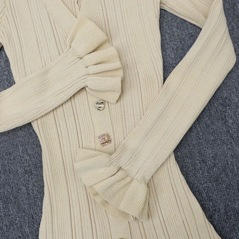 Gonna lunga in vita da donna Gonna monopetto con bottoni dorati e scollo a V in oro 2024 Gonna a maglia sottile nuova da donna autunno e inverno_voghion.com