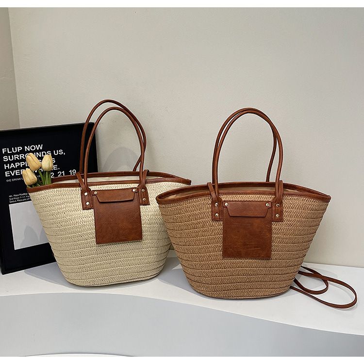 Ženska torba Bucket Bag, potovalna počitniška slamnata torba za veter, ženska modna tkana velika torba, velika torba za plažo_voghion.com