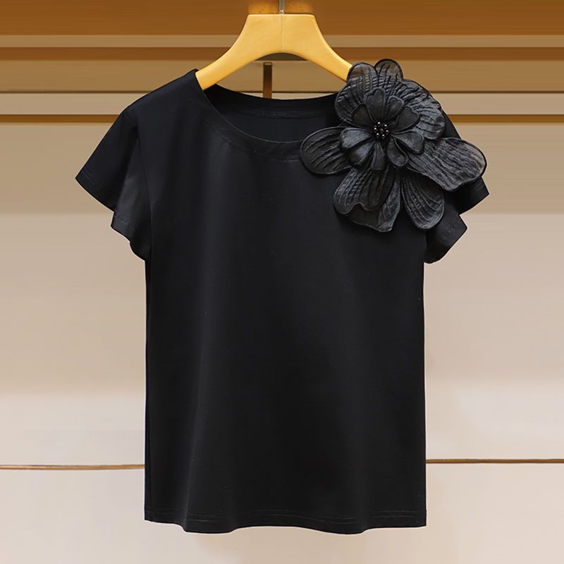 Dammekleeder klassesch Ronnhals dräidimensional Blummendekoratioun modesch Lotusblattärm locker Slim Fit Top_voghion.com