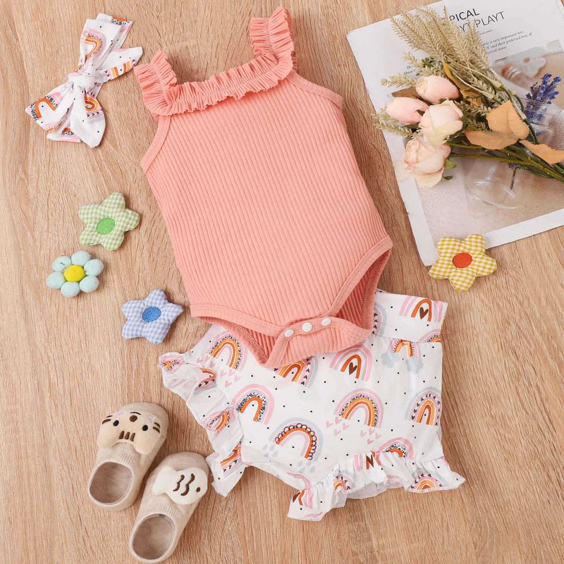 Pantalones cortos de verano con estampado de arcoíris y rayas de corazones para bebés y niños pequeños_voghion.com