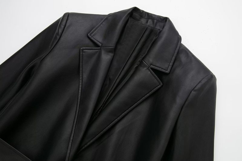 Dames herfst nieuwe mode temperament licht gekookt leer PU zwarte lange trenchcoat_voghion.com