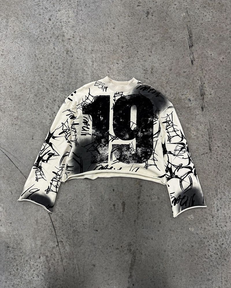 Numéro 19 Street Terry Cotton Hip-Hop Gothic Loose Y2K Ras du cou Manches longues Style vieilli Vêtements_voghion.com