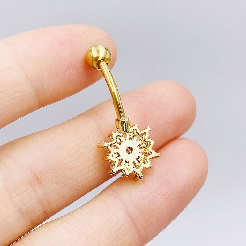 Fashion Ring Stainless Steel Zircon Stud Chrysanthemum Shape Navel Button European And American Trendy Piercing Jewelry_voghion.com