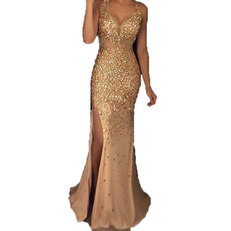 2025 Frühjahr Neue frauen Split Bestreut Gold Lange Abendkleid Weihnachten Thanksgiving Halloween Valentinstag_voghion.com