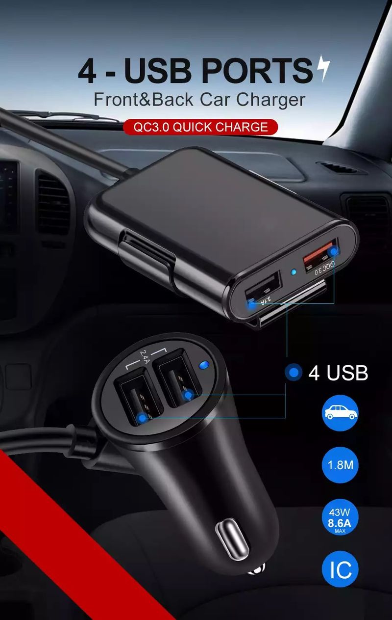 Music Festival  40W 8A QC3.0 front and rear seat charger fast one to four USB with cable, multi port flash charging, car charging_voghion.com