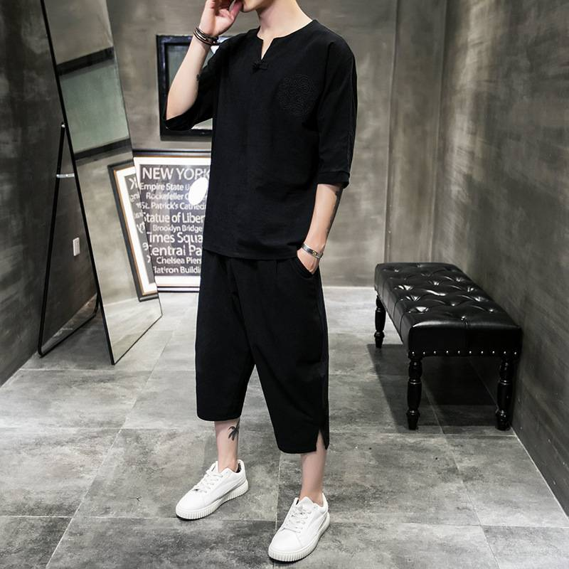 Men's Clothing Men's Cotton And Linen Embroidery Buttoned Large Size Cropped Pants Short Sleeved Suit Summer Linen Set_voghion.com