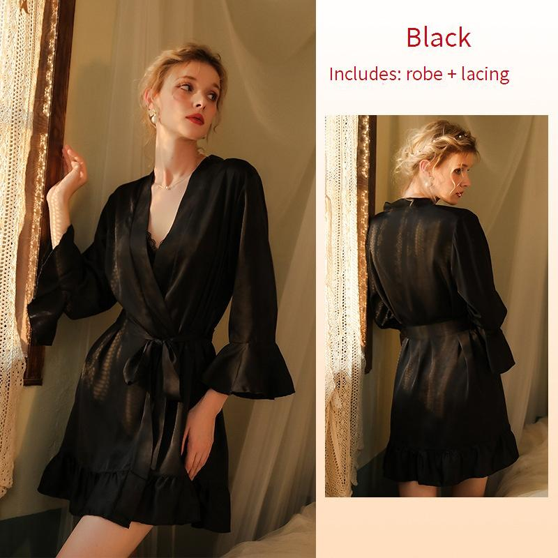 Men's Sleep Secret Love Orange Brand Temptation Private Room Sexy Pajamas Pure Desire Simulated Silk Lotus Leaf Cuffs Cardigan Outer Robe Nightgown_voghion.com