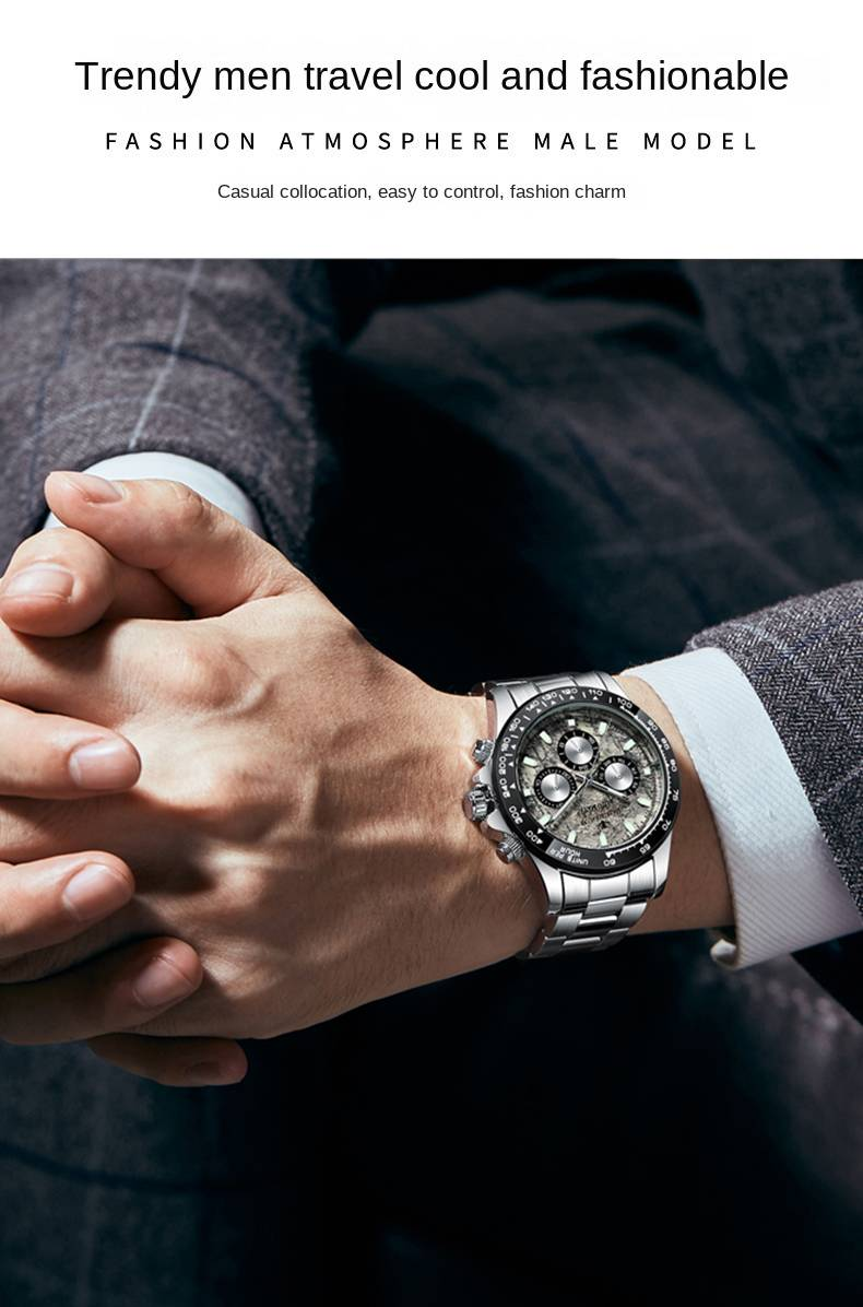 Montre mécanique ROERDUM Meteorite Daytona pour homme, bracelet en alliage, cadran argenté, tendance_voghion.com