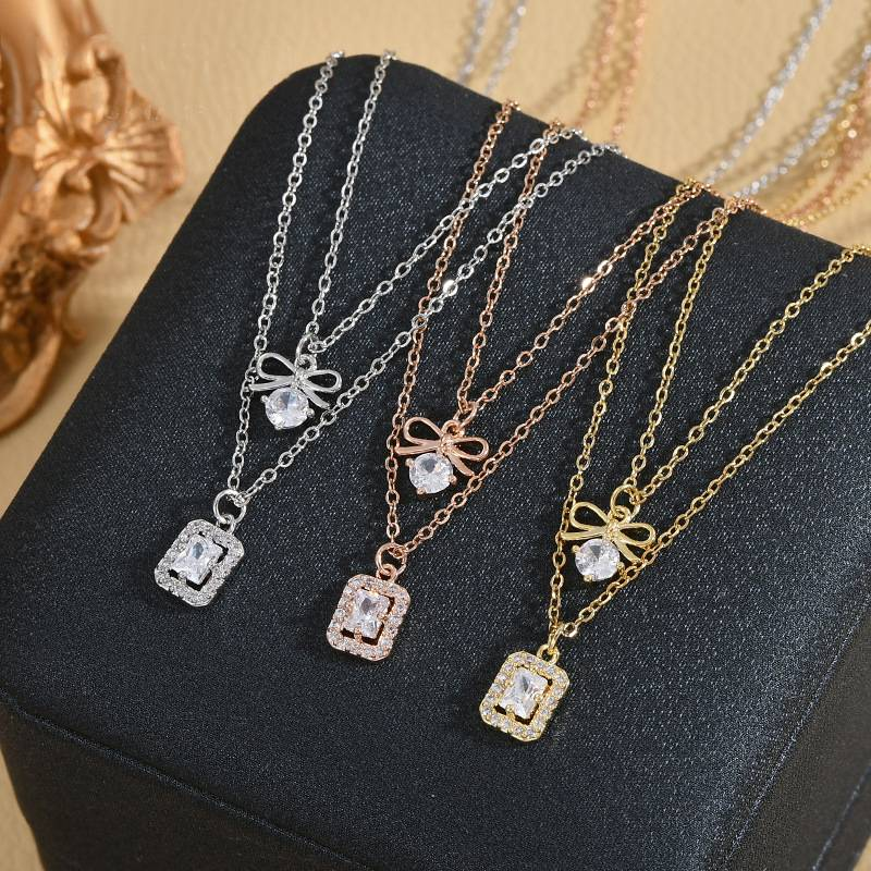 Stylish Double Bow Locking Bone Chain Necklace For Women: Real Gold Plated, Elegant And Luxurious, Suitable For Women's Daily And Special Occasions_voghion.com