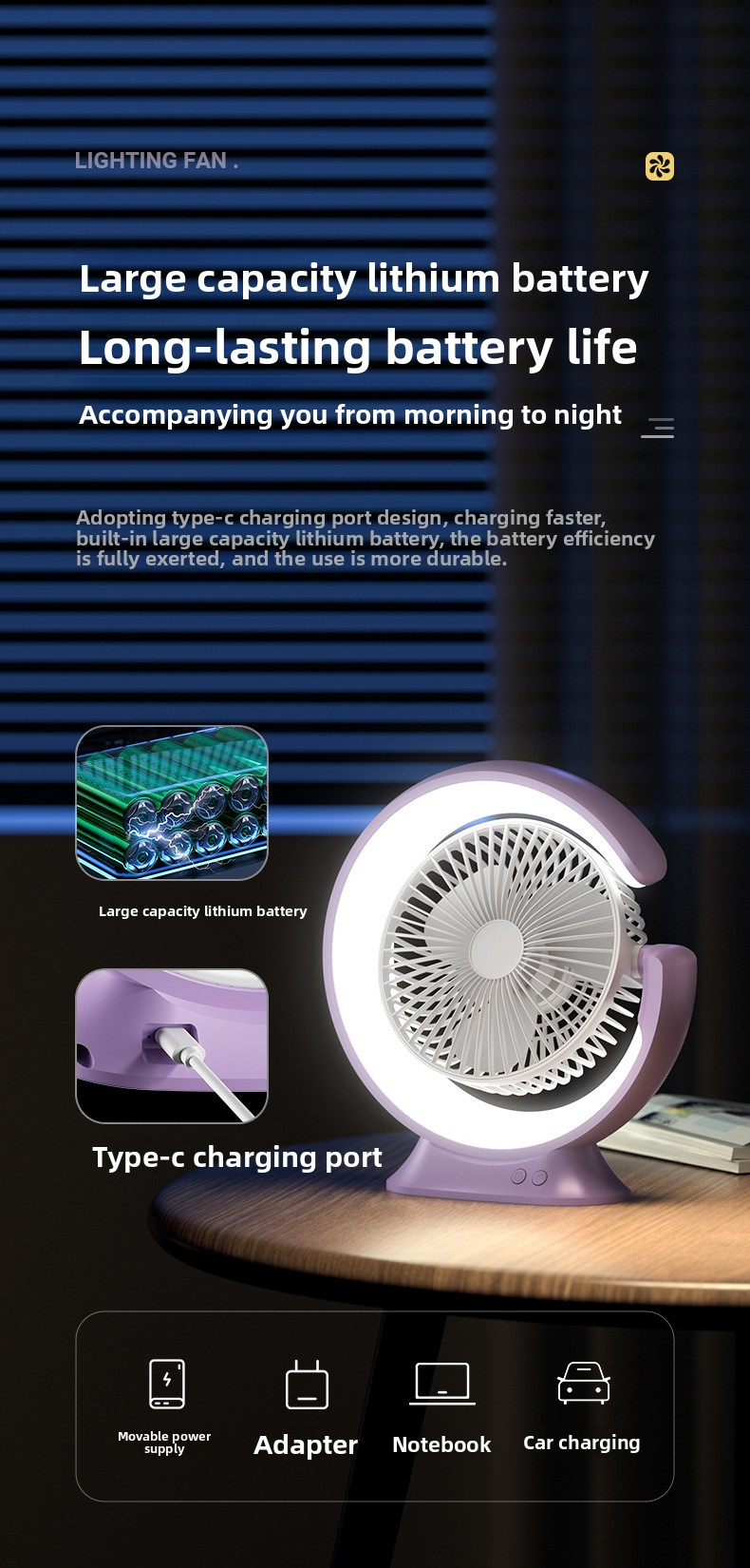 USB Rechargeable Desk Fan With LED Night Light - 360° Rotatable Multi-Functional Cooling Fan For Home & Office_voghion.com