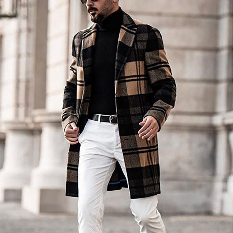 Men's Clothing Woolen Plaid Coat Mid Length Woolen Coat Wool Blend Plaid Overcoat - Slim Fit Long Coat With Multiple Pockets For Autumn & Winter_voghion.com