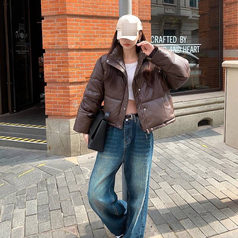 Damen-Pufferjacke aus PU-Leder mit gestepptem Design, kurzer Wintermantel, leichte, warme Oberbekleidung für Streetwear-Mode_voghion.com