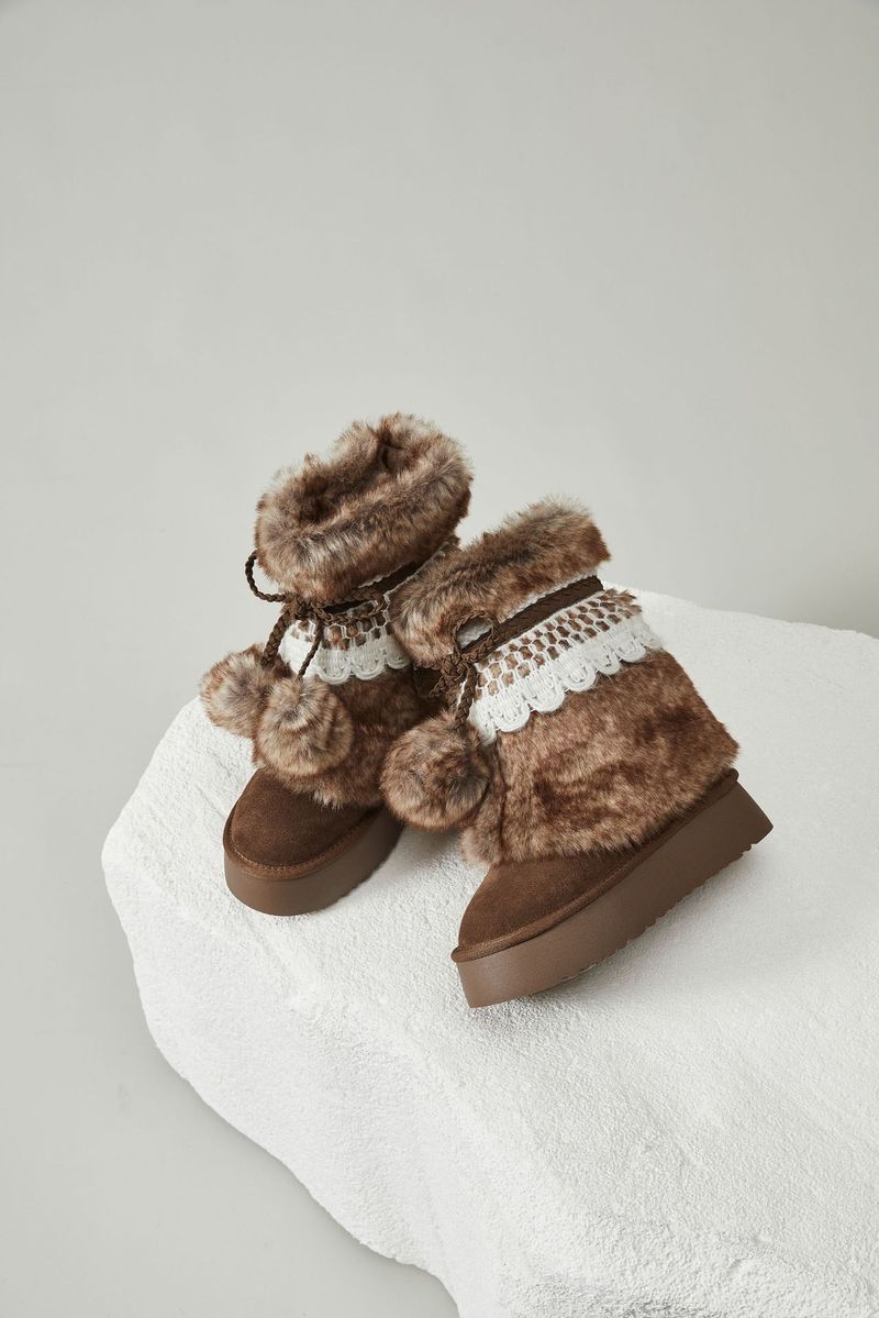 001 001 Bosi Herbst/Winter Dreifarbige runde Zehenpartie Dicke Sohle Waldstil Vielseitige warme Schnürbesätze Fellbommel Retro-Schneestiefel_voghion.com