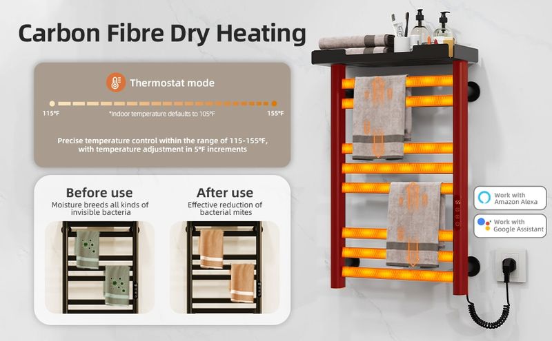 SIOYIE Heated Towel Rack With Shelf And Wi-Fi App Control, 8 Bars Electric Wall Mounted Towel Warmer With Timer & Adjustable Temperature, Low Carbon Steel, Plug-in/Hardwired, Matte Black_voghion.com
