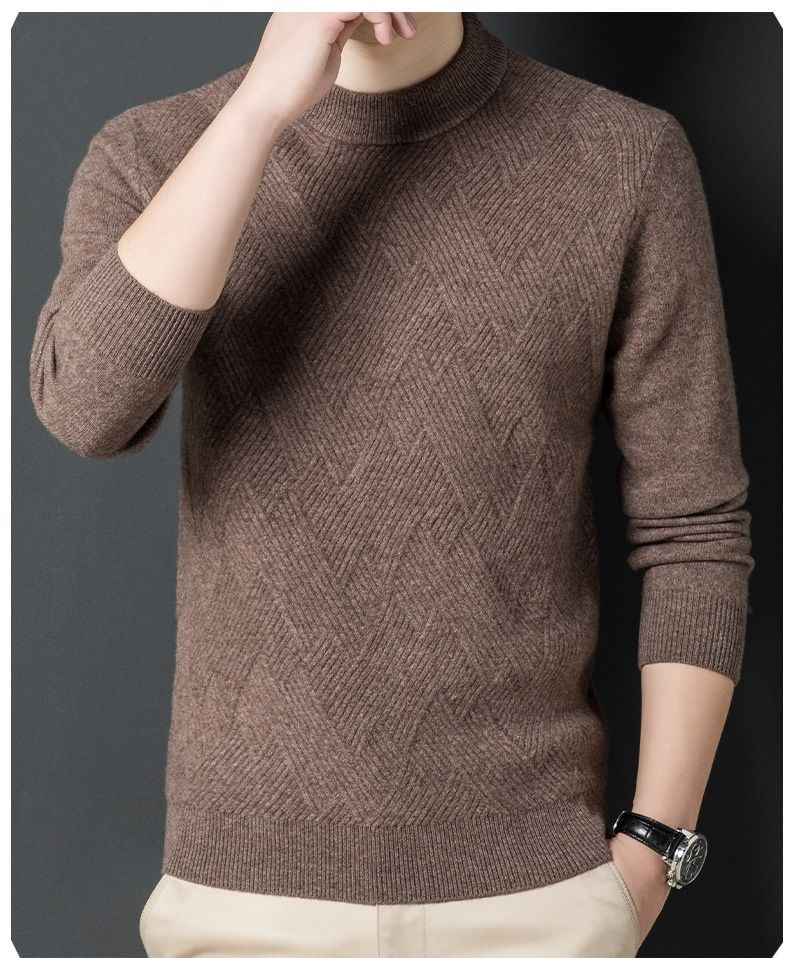 Pure Men's High-End 100% Pure 420g Round Neck Loose Jacquard Warm Wool Sweater Base Layer_voghion.com