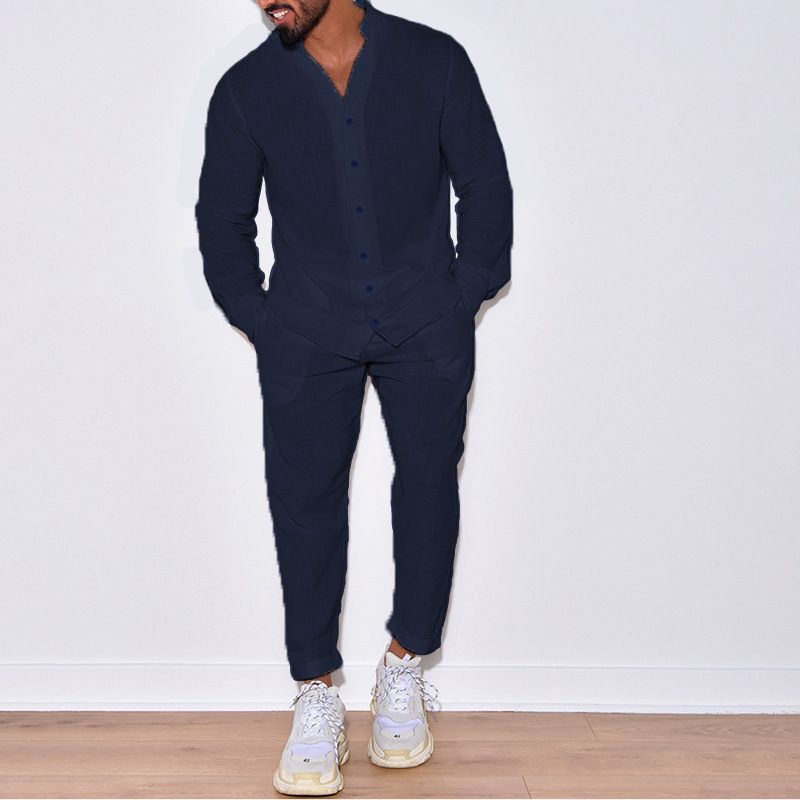 CT Men's Sports Suit Linen Autumn Casual Sleeve Fashion Workwear Long Pants Two-Piece Set_voghion.com