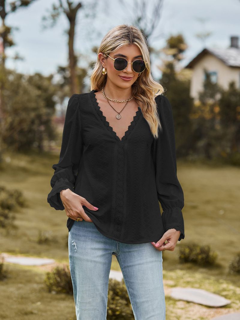 T-shirt da donna jacquard con scollo a V e top a maniche lunghe con impunture in pizzo_voghion.com