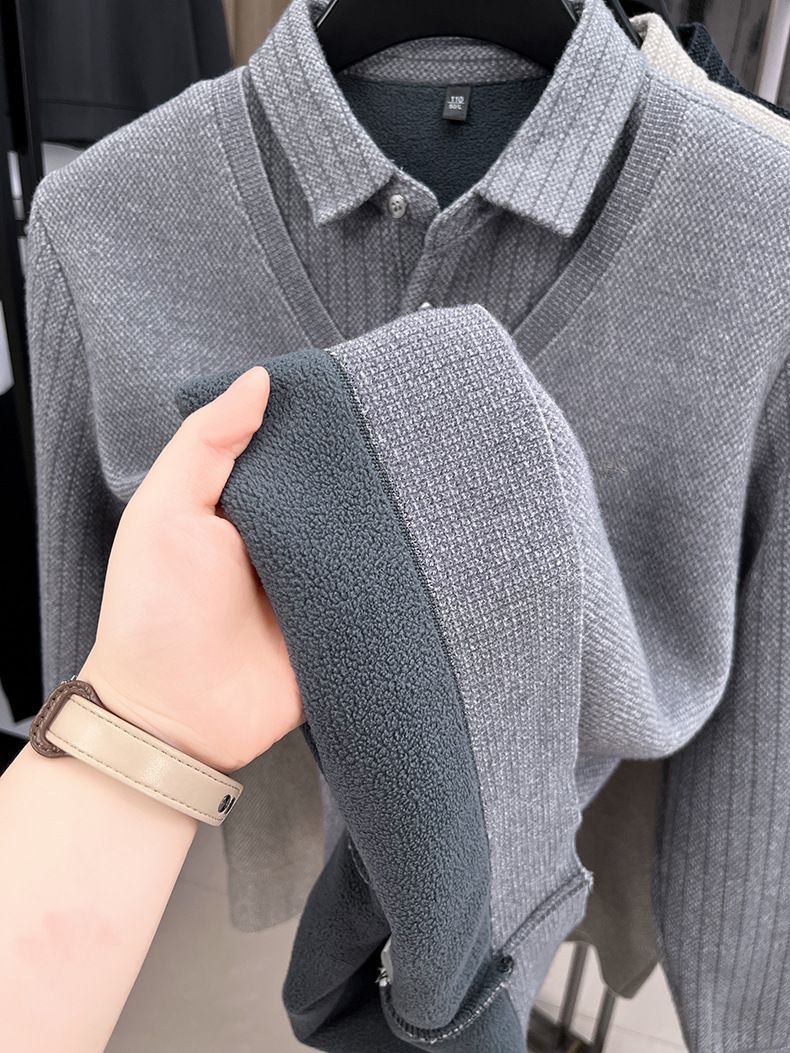 Men's Fake Two-Piece Turn-Down Collar Thickened Sweater Winter New Fleece-Lined Warm Middle-Aged Base Knitwear Top_voghion.com