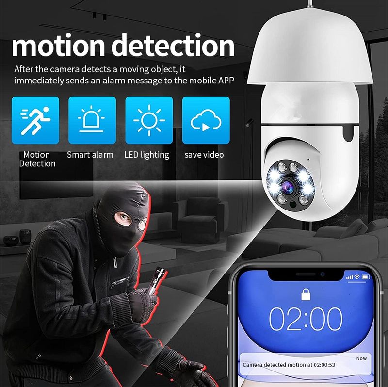 Caméra WiFi A6 2MP HD avec ampoule prenant en charge la détection de mouvement/audio bidirectionnel/vision nocturne/carte TF_voghion.com