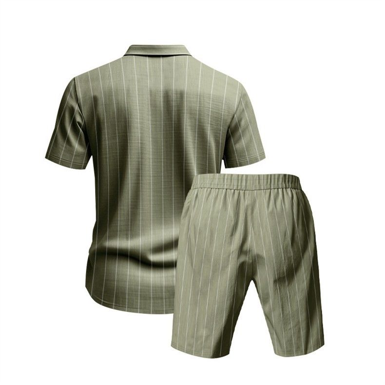 Vêtements pour hommes, costume d'été en lin pour hommes, chemise ample à manches courtes à rayures, short de plage, costume deux pièces_voghion.com