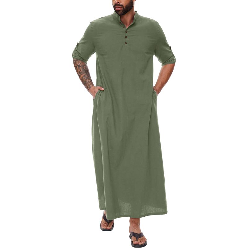 Herrenbekleidung Einfache Baumwolle und Leinen Lange Stehkragen Knopf Muslim Robe_voghion.com