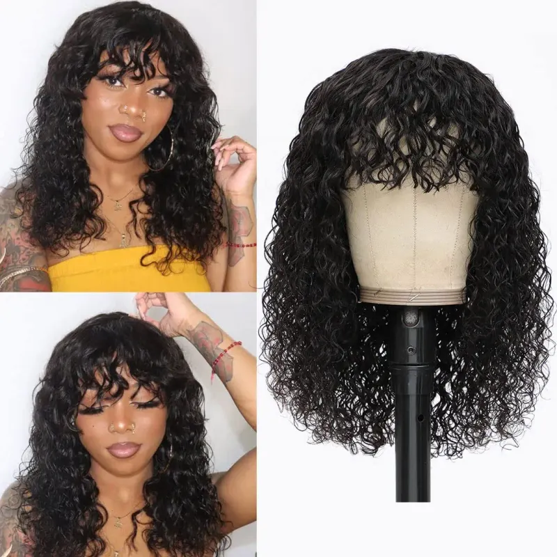 Glueless Water Wave Brazilian Human Hair Wig With Bangs Full Machine Made Wigs for Black Women Deep Wave Curly Wigs On Promotion_voghion.com