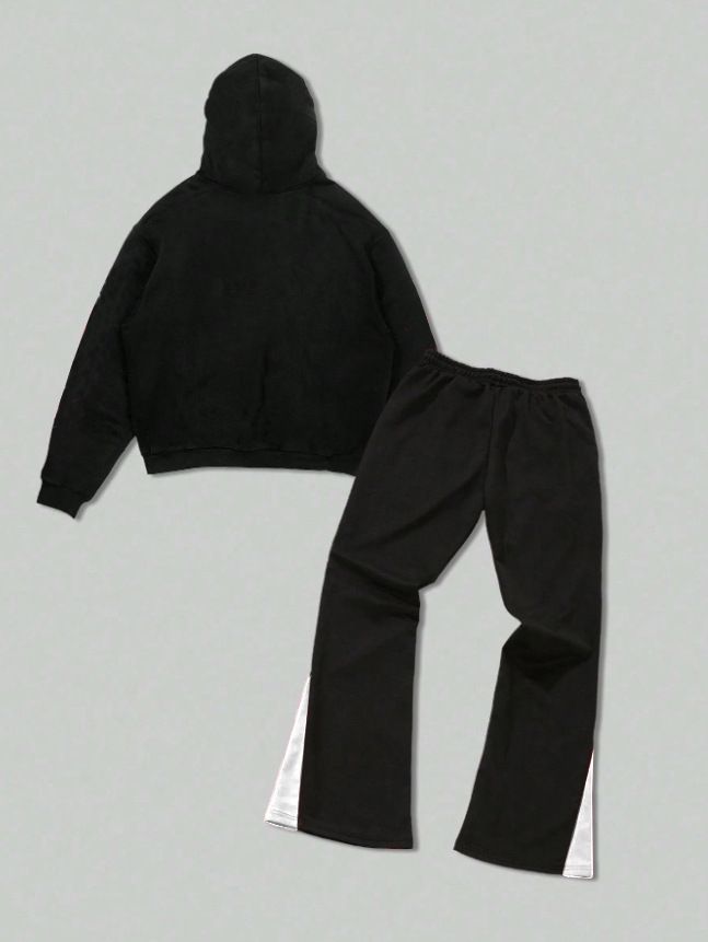 Men's Clothing Autumn And Winter Wing Print Casual Wing Print Zip-Up Hoodie And Jogger Pants Set, Casual Two-Piece Outfit For Fall/Winter, Black_voghion.com