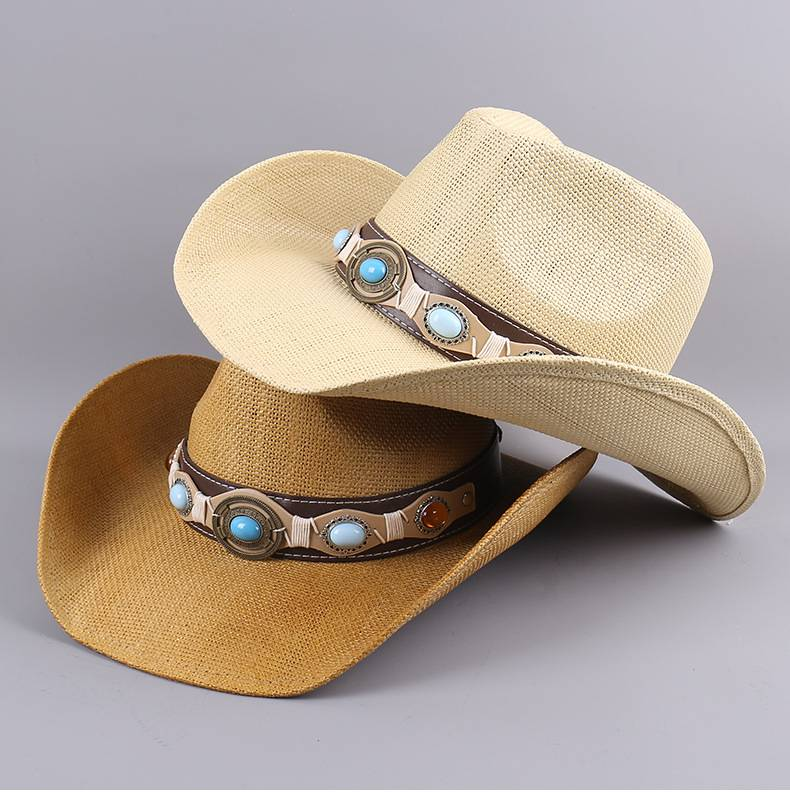 Nuovo parasole Cappello da cowboy occidentale in paglia Cappello da jazz a tesa larga con cintura gioiello da viaggio per ciclismo da uomo_voghion.com