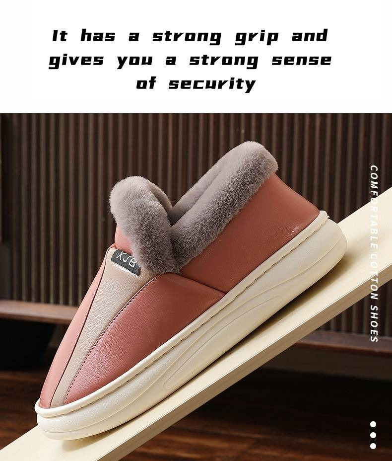 Winter waterproof indoor warm cotton slippers wear non-slip heel men pu leather bread with cotton shoes women_voghion.com
