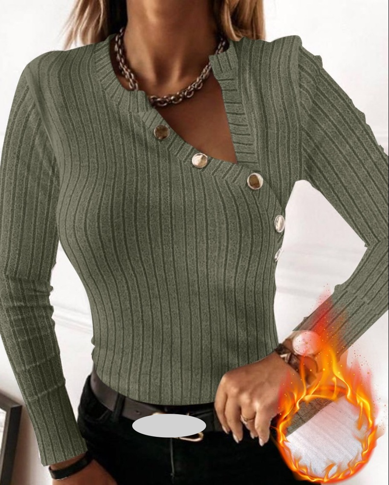 Women's Clothing Autumn Fashion Long Sleeve V Neck Metal Button Decorated Top T Shirt Women_voghion.com