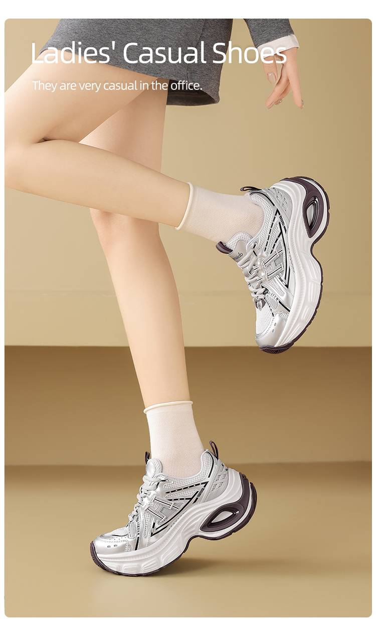 cameido Scarpe da papà con plateau alla moda per donna, progettate per la primavera 2025. Queste scarpe sportive casual presentano pannelli in rete, blocchi di colore e lacci_voghion.com