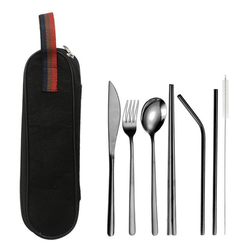 Ensemble de couverts haut de gamme en acier inoxydable 304, 8 pièces, couteau, fourchette, cuillère, baguettes, paille, pour les repas en plein air_voghion.com
