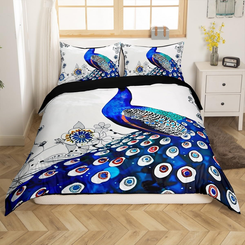Copripiumino per lettino con motivo pavone blu, copripiumino retrò con motivo pavone, set di biancheria da letto con motivo floreale con animali estetici, set di biancheria da letto rustico con 1 federa, arredamento per camera da letto_voghion.com