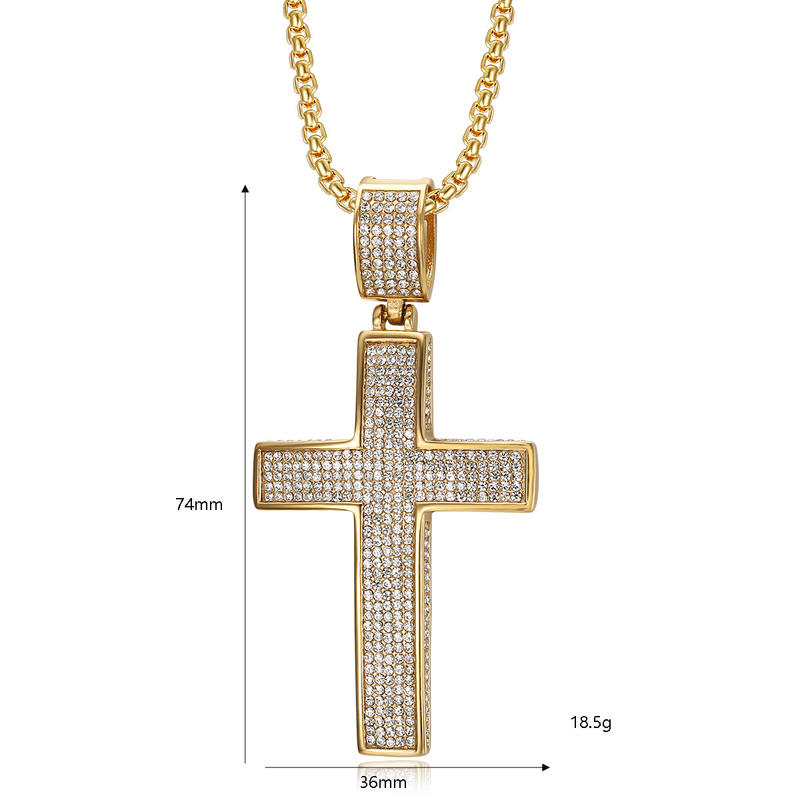 Hip Hop Cross Pendant Necklace -Plated Titanium Steel, Prong-Set Cubic Zirconia_voghion.com