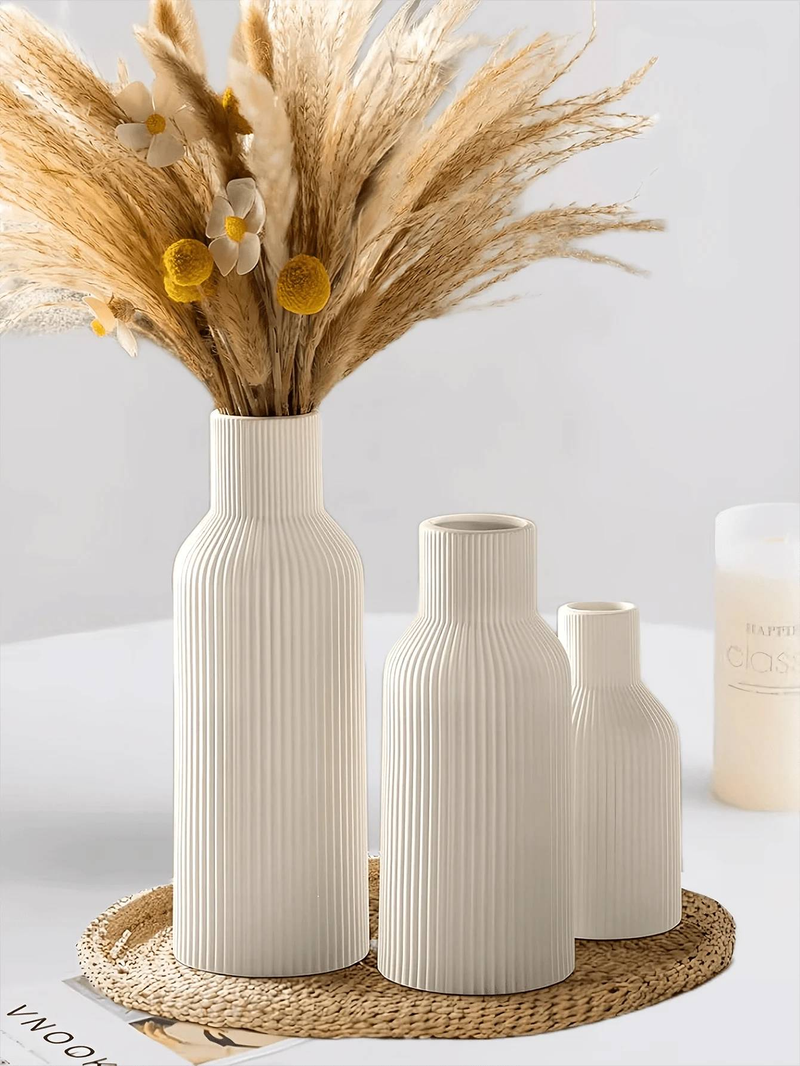 Jarrón de cerámica blanca, decoración minimalista moderna para el hogar, jarrón de hierba para mesa de comedor, estantería, porche y centro de mesa, estilo madera_voghion.com