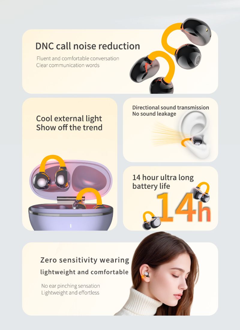 D3 Luminous Ear Clip Bluetooth Earphones Night Running Warning Fluorescent Light Orange Outdoor Safety Sports Wireless Dual Ear Open Type_voghion.com