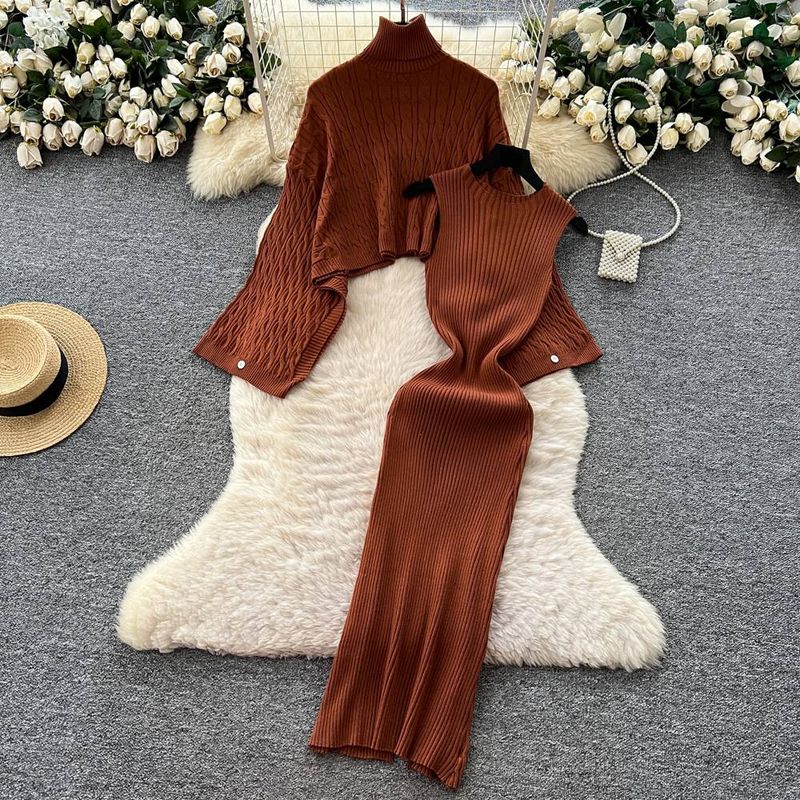 Elegante abito in maglia a trecce con maniche a pipistrello e collo alto da donna, con gilet senza maniche che stringe la vita - Vestibilità morbida e ampia, colori puri_voghion.com