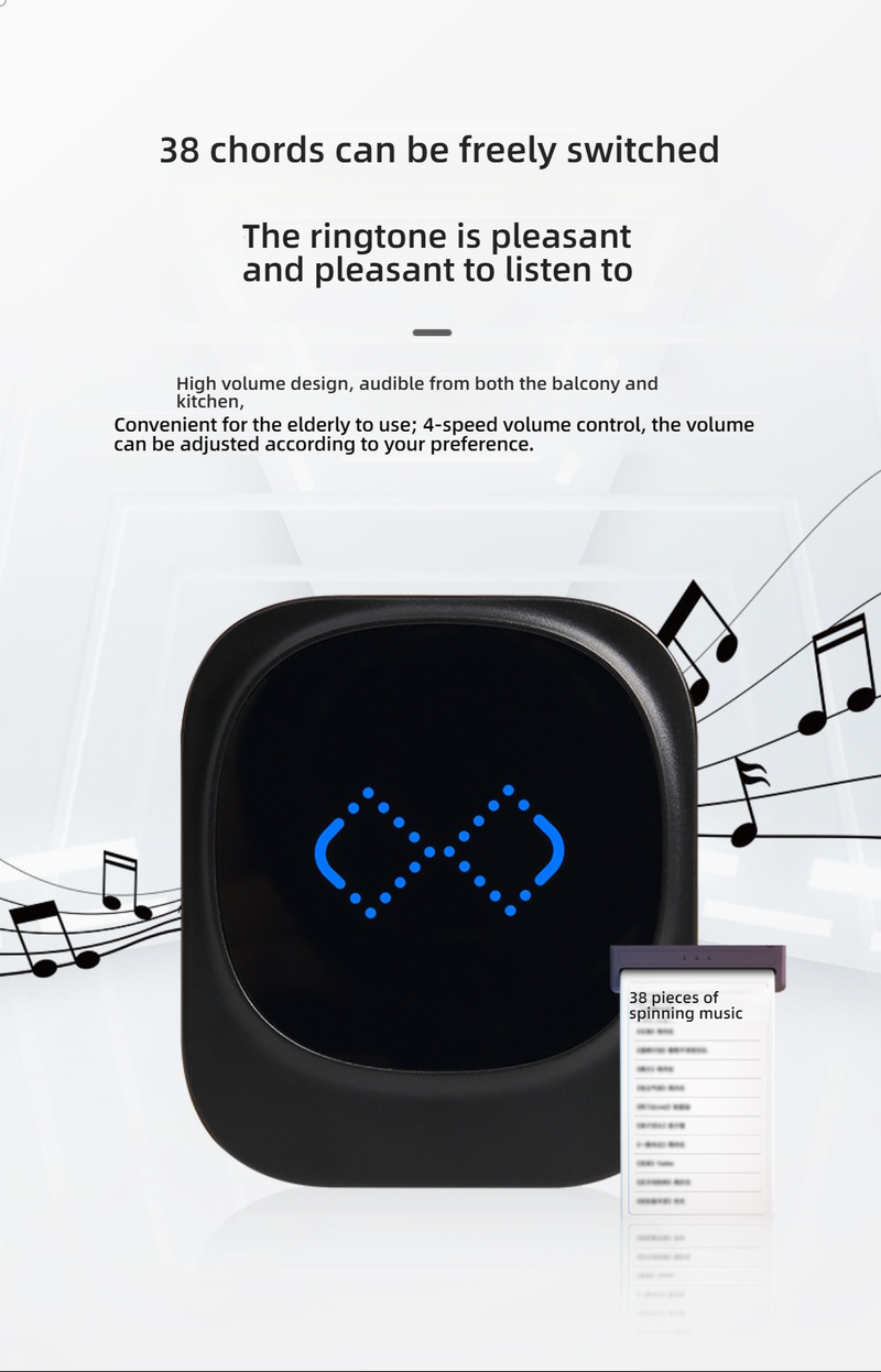 Selbstversorgende drahtlose Türklingel mit 38 Klingeltönen, keine Batterie erforderlich, 433 MHz große Reichweite, Plug-in-Empfänger (Schwarz/Weiß, 1-zu-1/1-zu-2/2-zu-1)_voghion.com