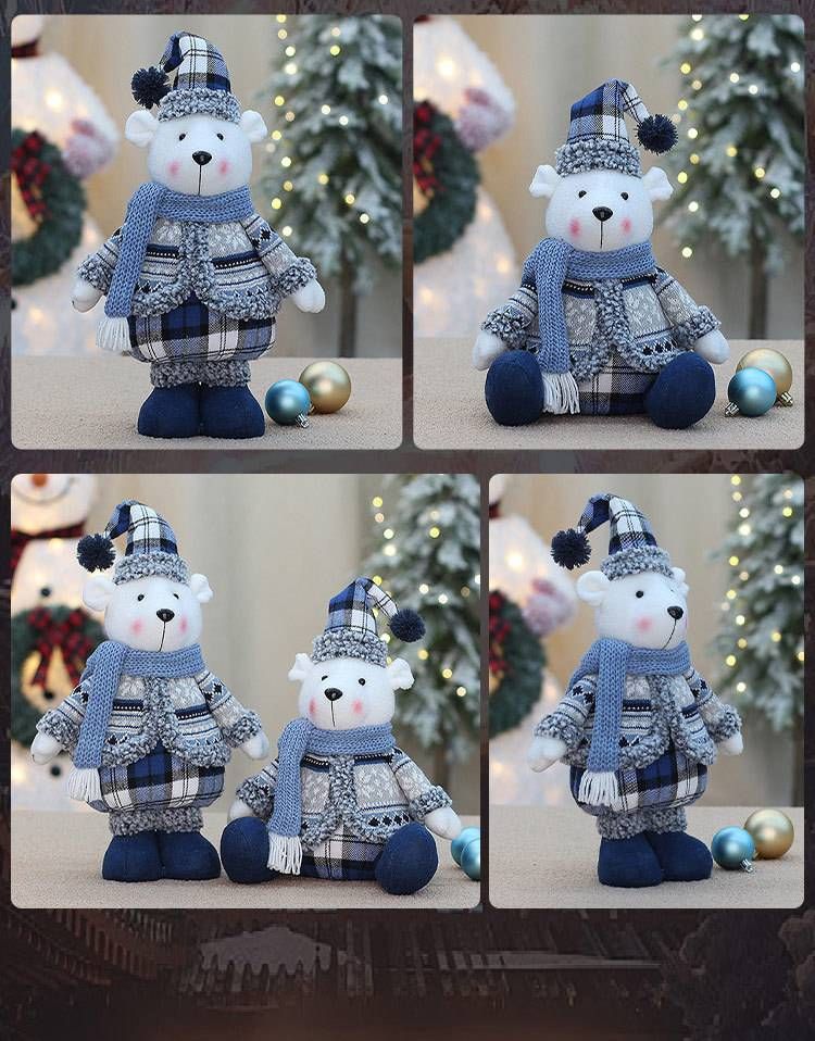 Christmas Bear Plush Toy – Festive Table Decor, Gift & Store Display (Cartoon Style, Soft Fabric, Blue Checkered Scarf, Standing & Sitting Poses)_voghion.com