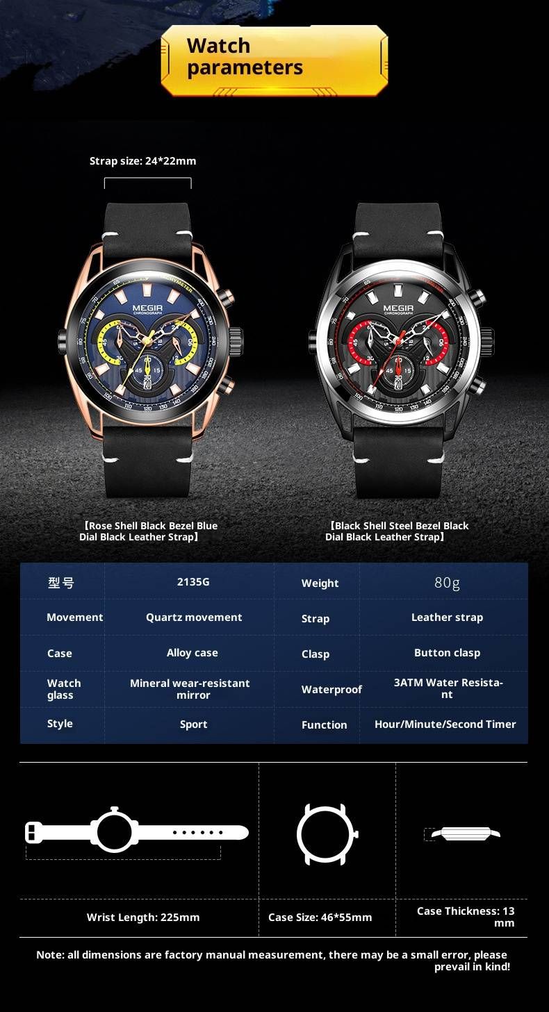 Orologio cronografo da uomo autentico con triplo quadrante, lancette luminose, datario e resistenza all'acqua fino a 30 m - Cinturino in pelle di alta qualità_voghion.com