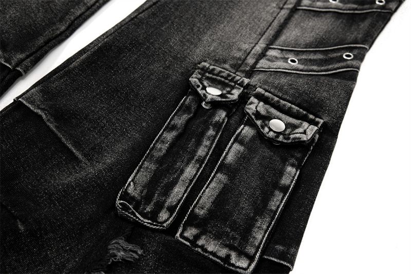 Men's Deconstructed Workwear Jeans - Raw Hem Bootcut Pants With Lace-Up Detail (Charcoal, S-3XL)_voghion.com