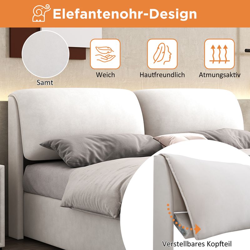 Lit coffre hydraulique 140 x 200 cm, 3 tiroirs, cadre de lit capitonné en velours beige avec sommier à lattes et tête de lit, matelas non inclus._voghion.com