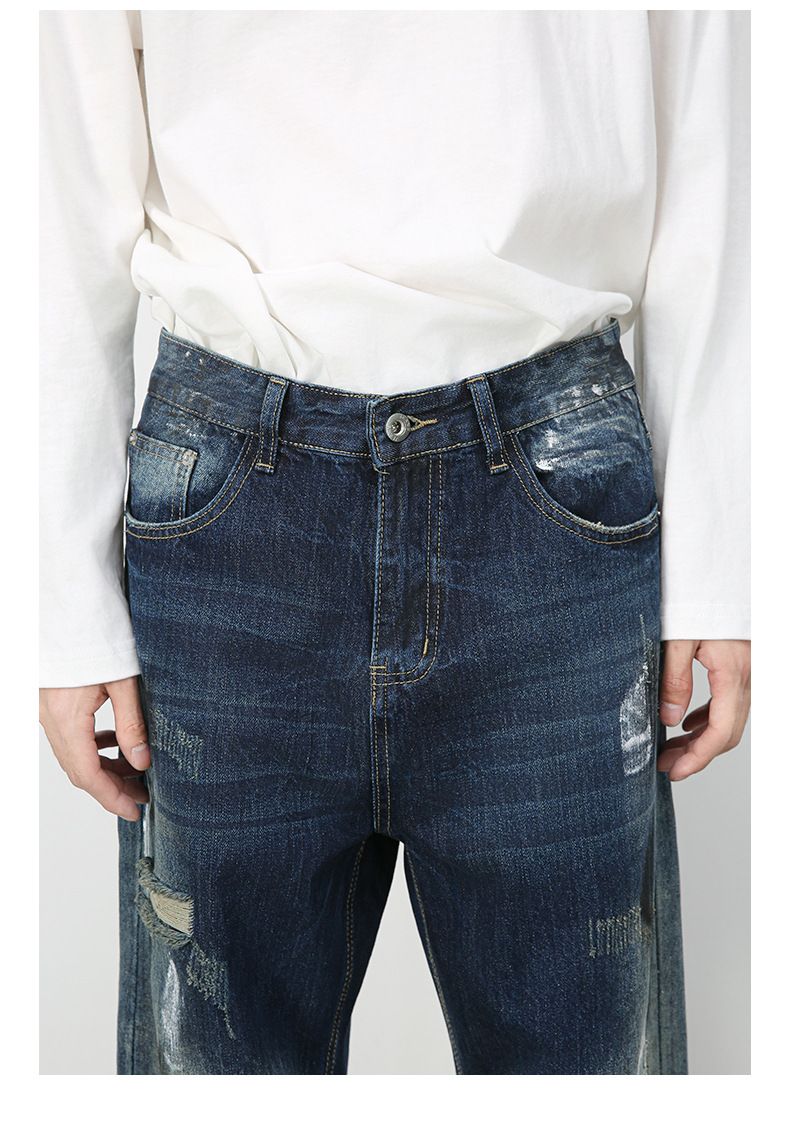 Roupas masculinas retrô jeans desgastado jaqueta lavada solta calças retas_voghion.com