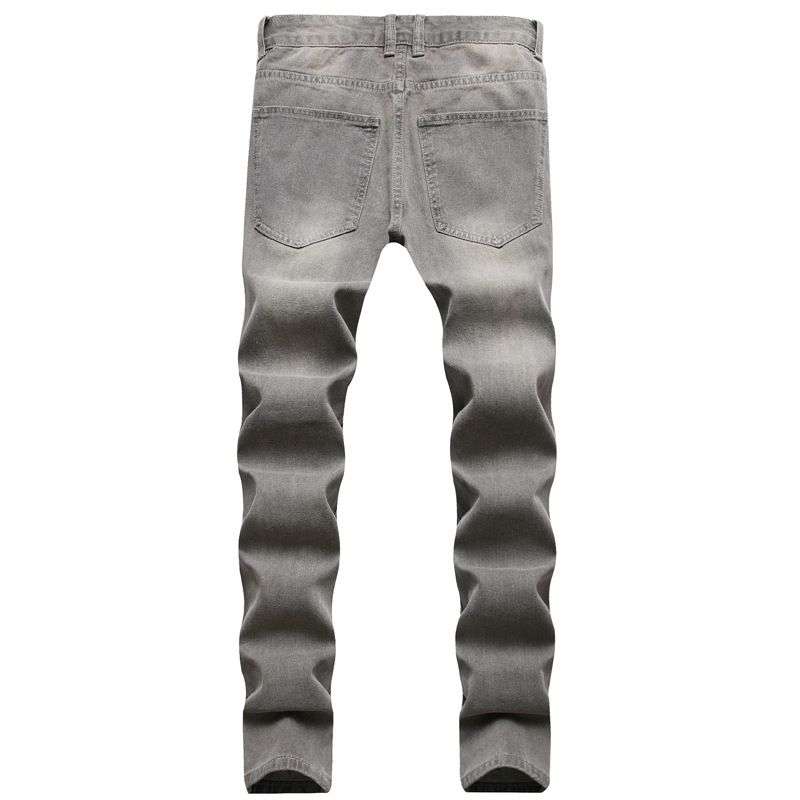 Herenkleding Gescheurde Casual Grijs Gewassen Jeans Elastische Mid Waist Slim Broek_voghion.com