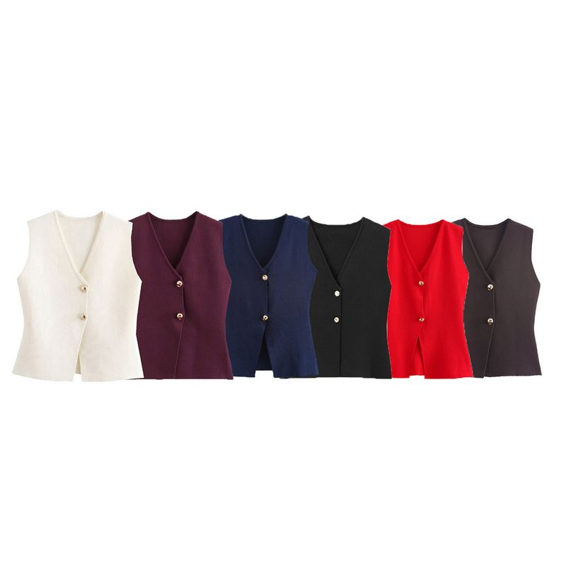 Débardeur tricoté à boutons dorés pour femme, nouvelle mode automne 2024 w063 2038_voghion.com