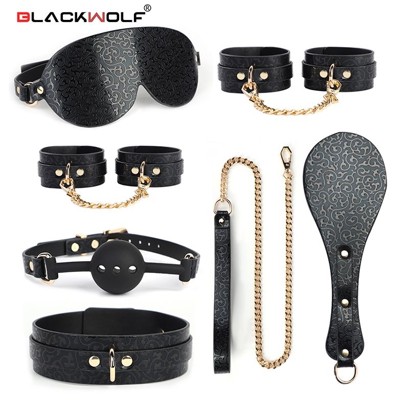 BLACKWOLF BDSM Sets Bondage Leather Set For Restraint Fetish Handcuffs Collar Gag Whip Erotic Accessories Couples Adult_voghion.com