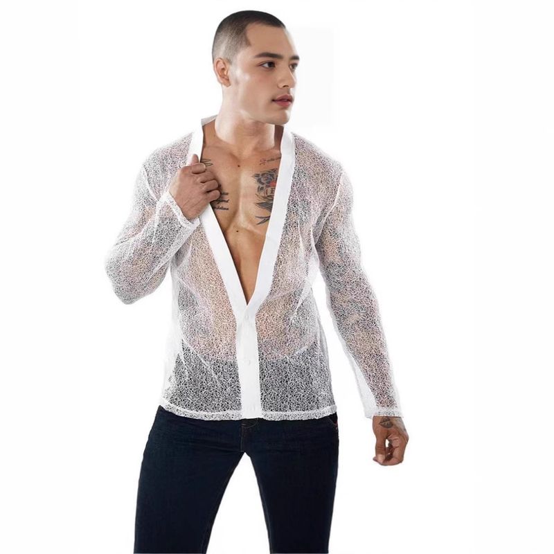 Polo a maniche lunghe con cardigan in rete trasparente tinta unita, casual, da uomo, estate 2024, di qualità imbattibile_voghion.com